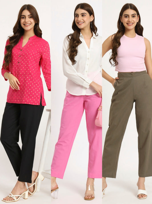 Black & Blush Pink & Ash Grey Cotton Pants Combo